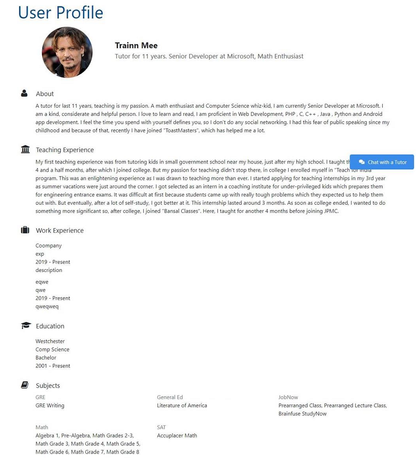 Updating Tutor Profile - Tutor Match Tutors
